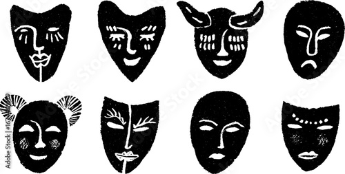 Linocut theatre masks collection featuring comedy and tragedy for artistic design
