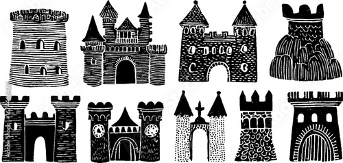 Medieval castles linocut art collection featuring round towers and gates for vintage design
