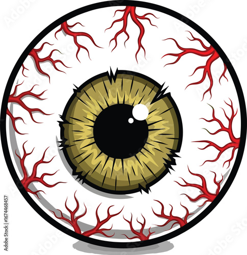 Cartoon eyeball with red veins and a yellow iris on a white background design
