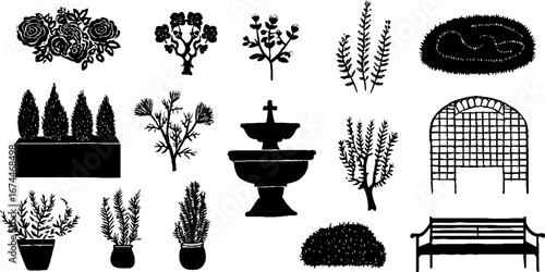 Medieval garden linocut collection featuring rose bushes, herb silhouettes, and vintage elements for design