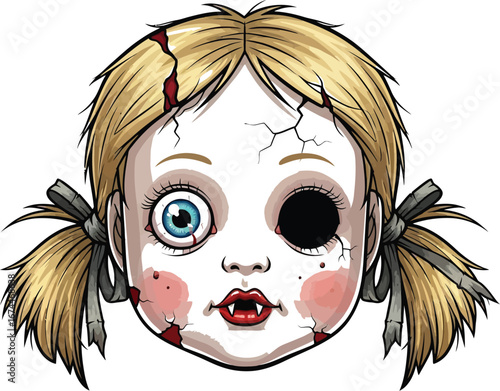 Creepy broken doll head with blonde pigtails and one missing eye on a white background