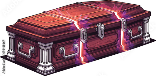 Glowing wooden chest with metal accents and a magical aura is ready to open