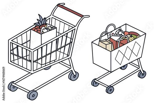 Vibrant vector illustration featuring two shopping carts, one large and one small, both loaded with diverse groceries and essential items, representing modern retail and consumer life
