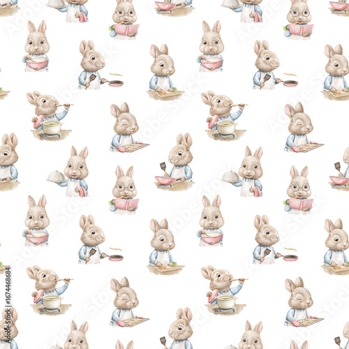 Seamless pattern set with easter Chef cook bunnies rabbits hares boys in clothes cooking variety of food in kitchen and tastes it. Watercolor hand drawn illustration sketch