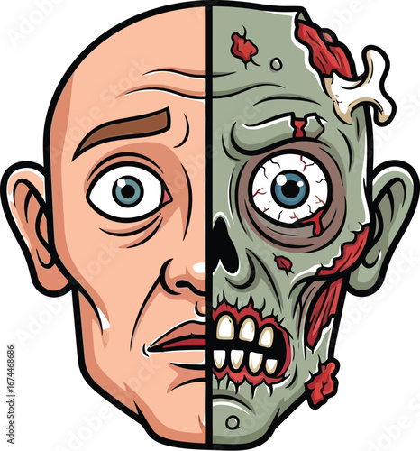Half human half zombie face illustration for halloween or horror themed designs