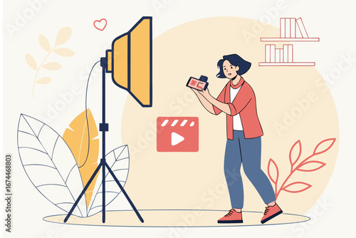 Vector Illustration of a Modern Woman Filming Engaging Online Video Content in a Dynamic Home Studio Setup, Showcasing Digital Creation and Vlogging Lifestyle