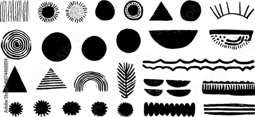Minimal abstract linocut art collection with simple lines and circles for creative design