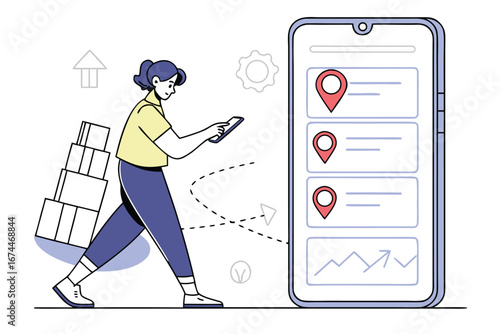 Young woman with delivery boxes using smartphone app for navigation and tracking orders while on the go