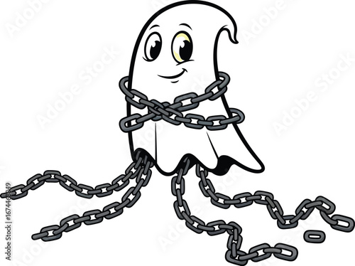 Cartoon ghost character wrapped in chains isolated on a white background design