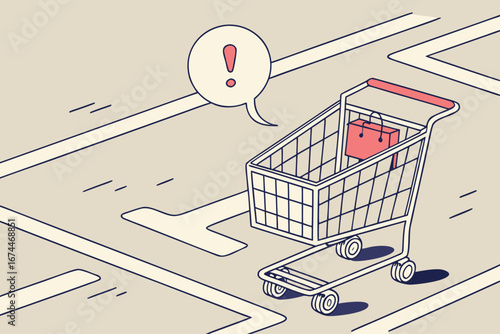 Shopping Cart with Alert Icon on a City Map Online Retail Concept