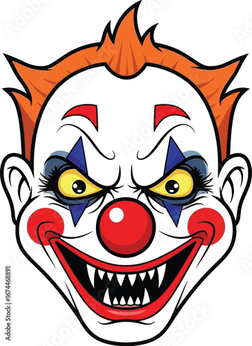 Scary clown face with orange hair and sharp teeth smiles menacingly at the viewer