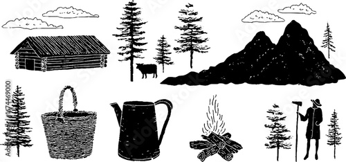 Linocut mountain daily life collection: wooden hut, campfire, and nature elements for rustic design