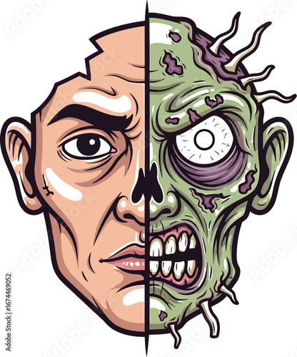 Half human half zombie face illustration on a white background horror concept