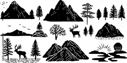 Linocut mountain symbols and woodland set for nature-inspired designs