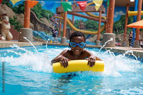 Fototapeta Naklejka Na Ścianę i Meble -  Happy young Black boy wearing goggles has fun splashing in the swimming pool with a yellow float at a sunny water park during his summer vacation
