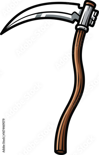 Illustration of a cartoon scythe with a silver blade and a wooden handle tool