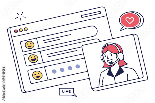 Live chat support concept with a customer service agent and a web interface showing positive feedback ratings. Vector art for online helpdesk