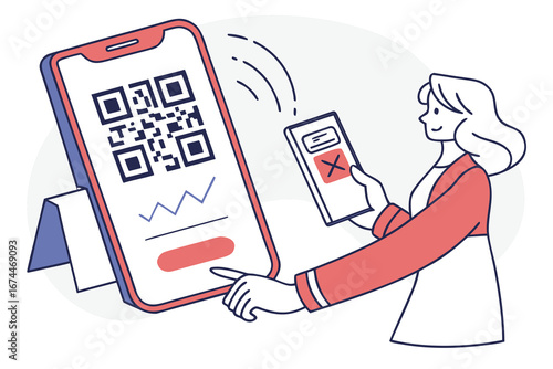 A modern flat vector illustration of a woman encountering a payment error while scanning a QR code with her smartphone for a digital transaction