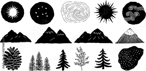 Linocut mountain and nature symbols collection with sun, star, and spiral designs for creative projects