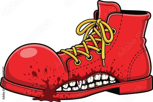 Cartoon red clown boot with yellow laces and teeth dripping blood illustration