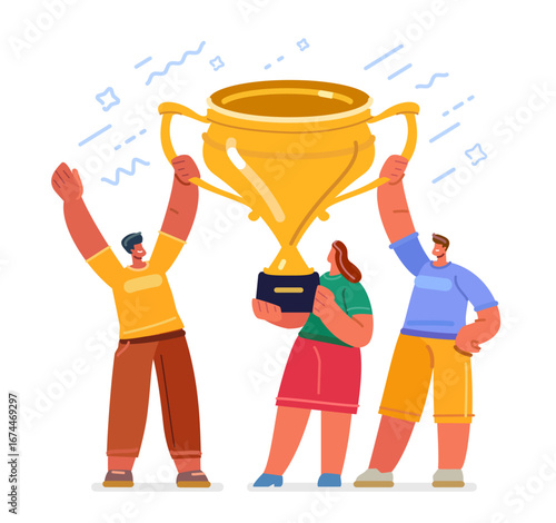 Team holding winning trophy cup. Success recognition, reward for teamwork. Award ceremony