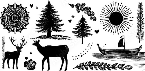 Nordic folk art linocut collection with reindeer and pine trees for winter designs