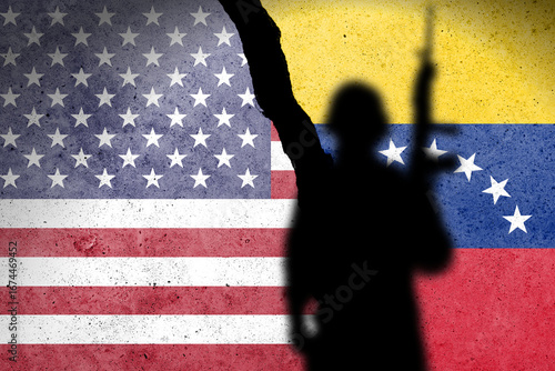 Flag of USA and Venezuela painted on a concrete wall with soldiers shadow