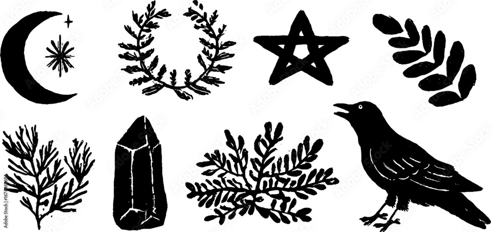 Fototapeta premium Mystical linocut set with occult symbols and crescent moon for boho designs