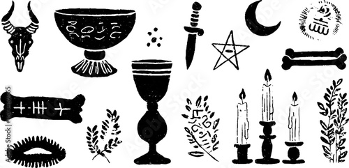 Occult rituals collection: pentagram, dagger, chalice, and celestial elements for mystical designs