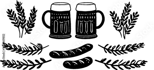 Oktoberfest linocut design featuring beer mugs, pretzels, and bar elements for festive decorations