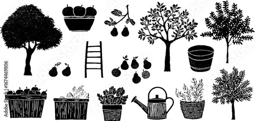 Rustic orchard design featuring seamless linocut patterns with apple and pear trees for home decor and art projects