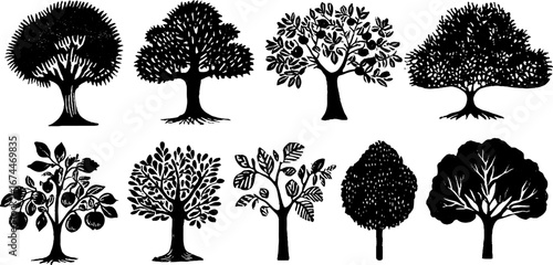 Linocut orchard tree collection for design and art projects