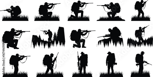 Silhouettes of hunters with rifles in various positions, carrying backpacks, aiming in forest and wilderness, tactical gear, outdoor hunting activity.