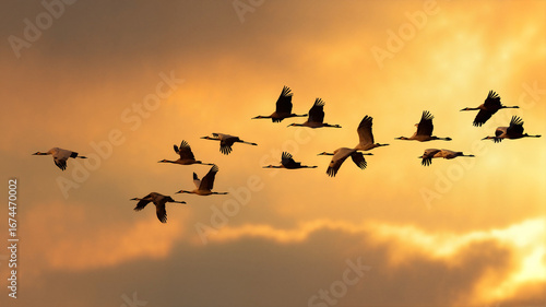 Wallpaper Mural Flock of cranes flying against a sunset sky with golden clouds   Torontodigital.ca
