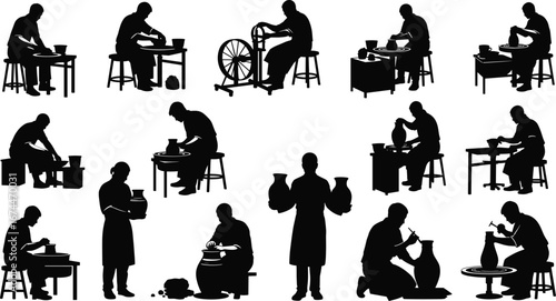 Silhouettes of potters crafting pottery, shaping clay on pottery wheels, artistic ceramic making, handmade pottery process, traditional craftsmanship, creative artisans at work.