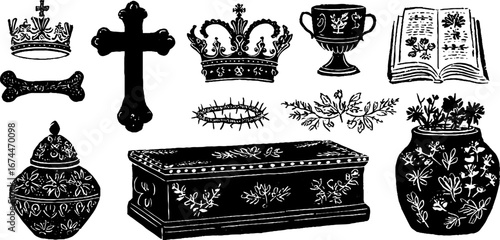 Linocut collection of holy relics including grail, crown, and cross - sacred art for vintage design
