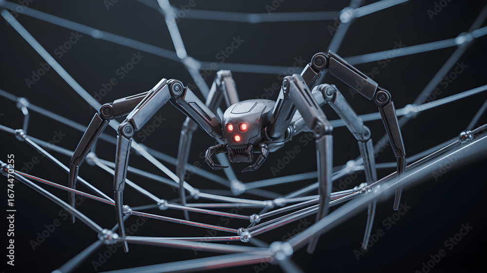 Obraz premium Futuristic robot spider crawling on metal web