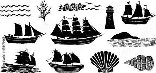 Nautical adventure linocut collection of sailing ships, galleons, and coastal elements for artistic design