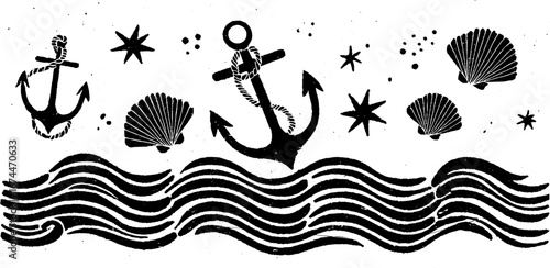 Nautical linocut design with anchors, ropes, and waves for coastal decor