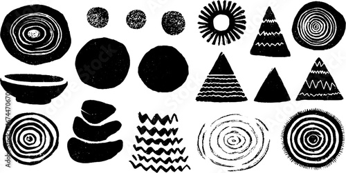 Abstract linocut seamless pattern with circles and triangles for boho designs