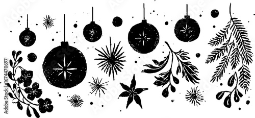 Festive seamless pattern with linocut style lanterns and botanical elements for seasonal design
