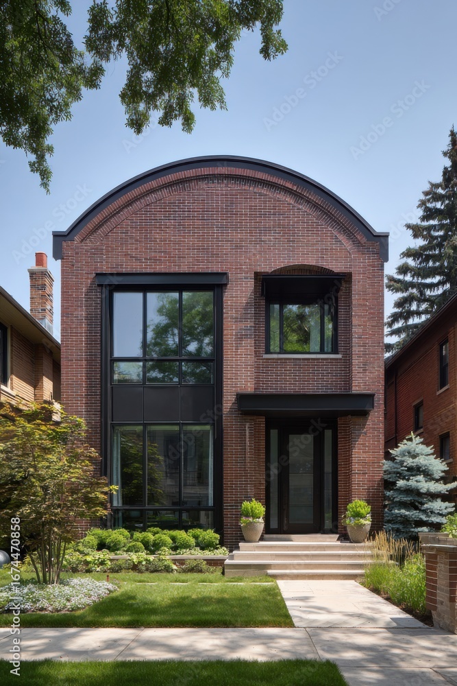 Obraz premium Modern brick house with large windows in a sunny suburban neighborhood surrounded by greenery and well-maintained gardens