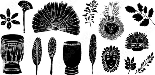 Shamanic ritual items collection featuring drums, feathers, and masks for bohemian design
