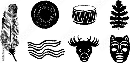 Shamanic symbols collection featuring feather, drum, and animal designs for artistic projects