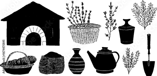 Slavic daily life linocut set featuring wooden hut and clay pot for rustic design