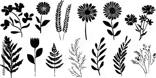 Slavic folk linocut set with sunflowers and wheat sprigs for rustic design