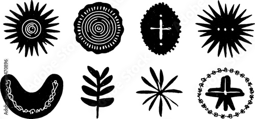 Linocut slavic symbols set with sun motif and spiral rosette for vintage design
