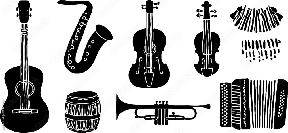 Fototapeta premium Linocut street music collection: guitar, saxophone, violin for vintage design