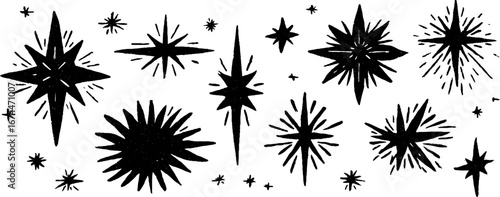 Celestial starry night linocut pattern with constellations for boho decor and design