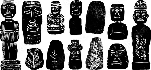 Ancient stone idols and totem poles linocut collection for art and design